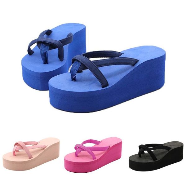 

solid color beach flip-flops for woman bohemia style high-heeled wedge with thick-legged slaps women shoes wedges platform shoes, Black