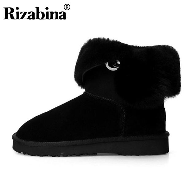 

rizabina women snow boots real leather plush fur warm shoes women winter ankle boots fashion fur lady flats footwear size 34-43, Black