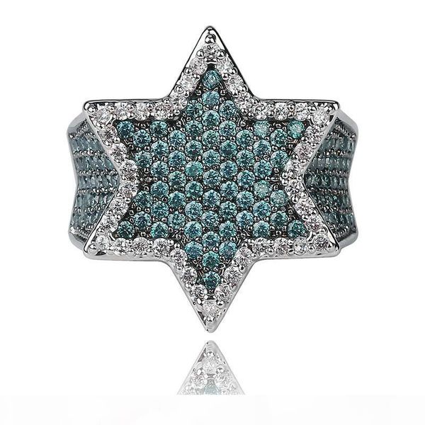 

new iced out full cubic zircon franklin mint green gemstone men's hexagonal star gold ring hiphop jewelry gift, Silver