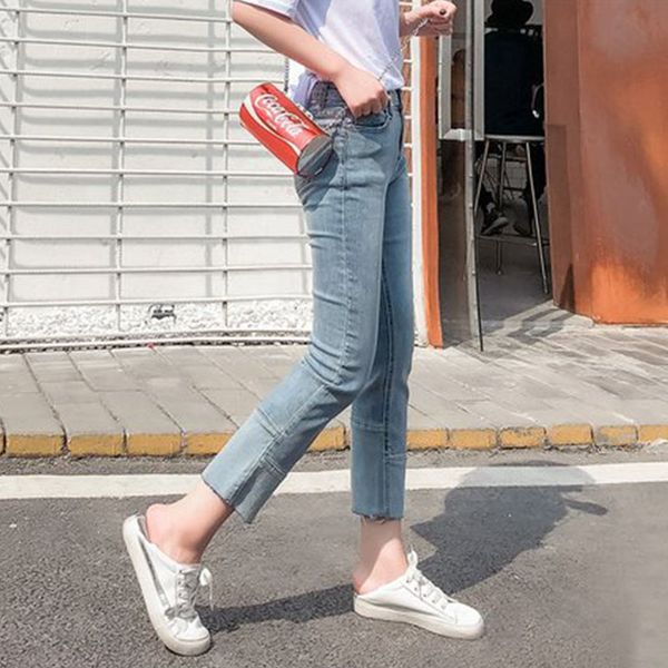 

fashion blue splicing jeans 2020 new korean version high-waist loose female nine points straight pants
