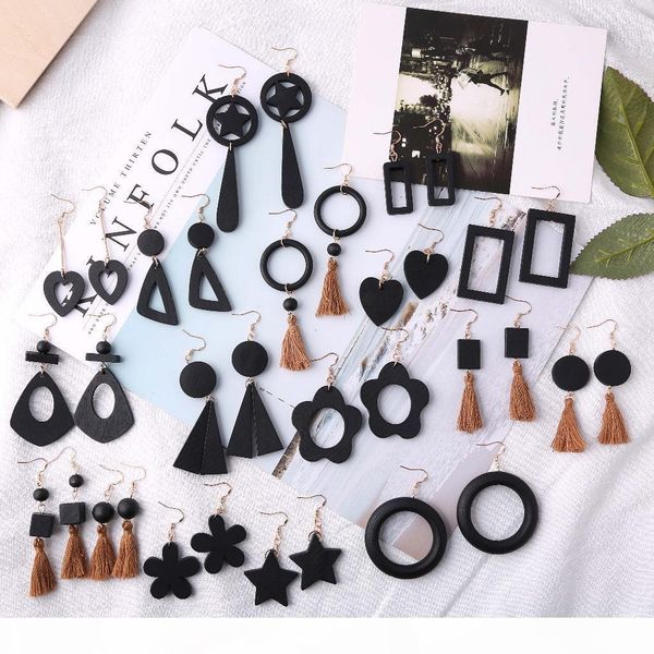

many choices european and american retro hyperbolic earrings with new geometric and long wooden earrings with round star tassels, Golden;silver