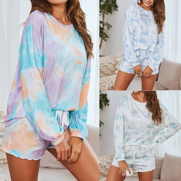 

women's tie-dye home wear long sleeve shorts 2 piece set home pajamas, Gray