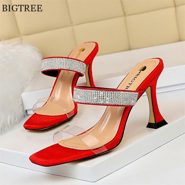

bigtree 8cm high heels summer slides women slippers for ladies shoes pvc transparent square head pumps crystal woman sandal, Black