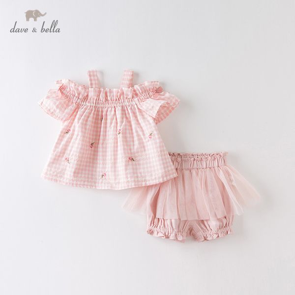 

dbm14105 dave bella summer baby girls fashion bow floral plaid mesh clothing sets kids cute sets children 2 pcs suit, White