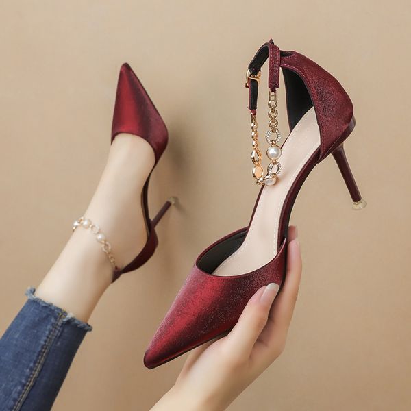 

изящные rhinestone высокие каблуки женщины насосы шелковых остроконечные toe свадебная обувь женщины пряжка ремешка кристал партия обувь wom, Black