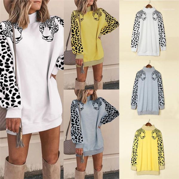 

female clothing autumn winter womens designer hoodies turtleneck solid color leopard print long sleeve mini dress casual, Black
