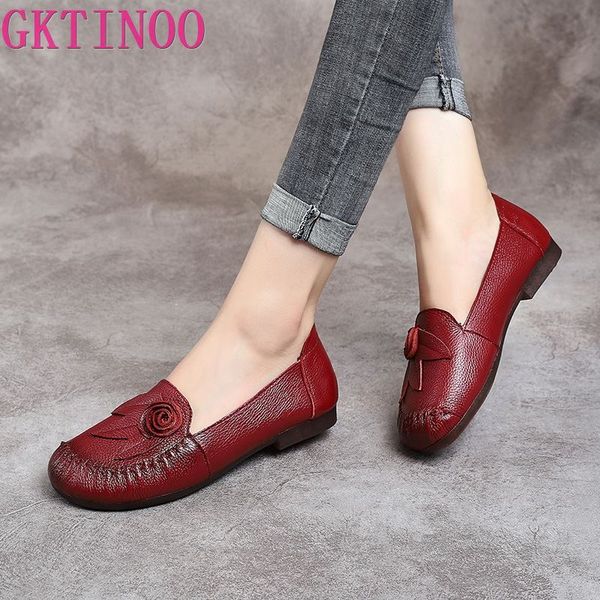 

gktinoo 2020 spring summer ethnic style genuine leather shoes women's flat soft comfortable slip on loafers flower mother shoe, Black