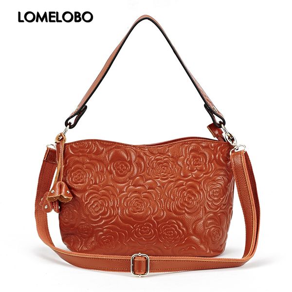 

lomelobo fashion handbag women genuine first layer cowskin leather ladies messenger bags casual bucket with rose flower hbl2166