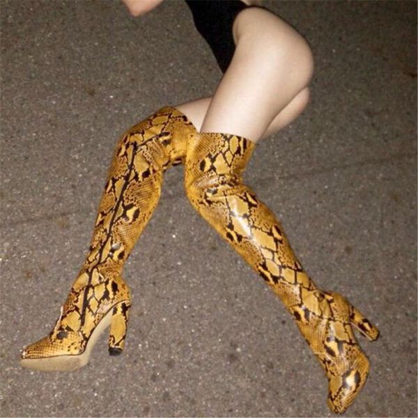 

women snake print thigh high stiletto heels boots mixed colors pointed toe shoes night club party over the knee boots mujer, Black