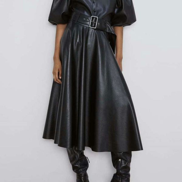 

septhydrogen brand designer fashion women autumn pu faux leather skirts lady high waist a-line midi mid-calf maxi long black skirt with belt