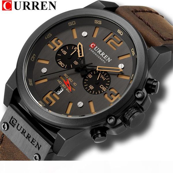 

curren new fashion mens watches big dial quartz watch leather waterproof sport chronograph watch men, Slivery;brown
