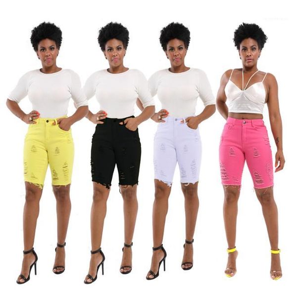 

fashion casual ladies clothing womens designer denim shorts summer solid color ripped hole knee length jeans, Blue