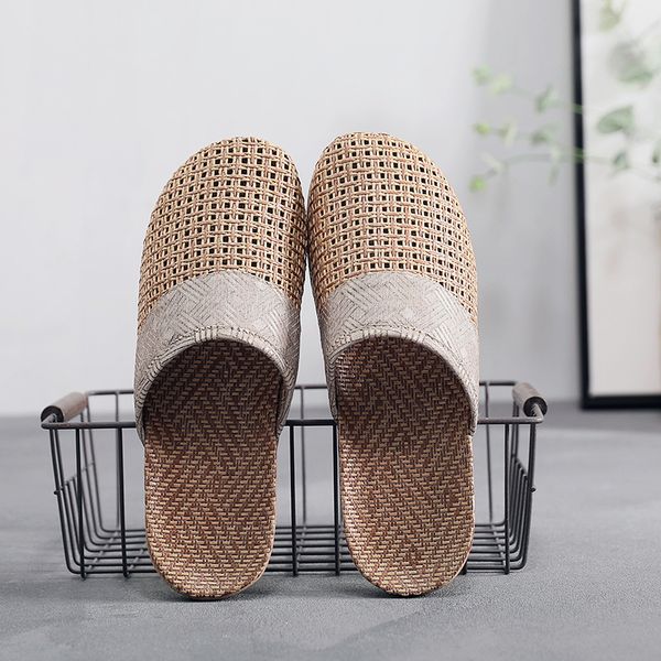 

new men summer shoes slippers flax weaving breathable non-slip male sandals beach flip flops man indoor slippers slides, Black