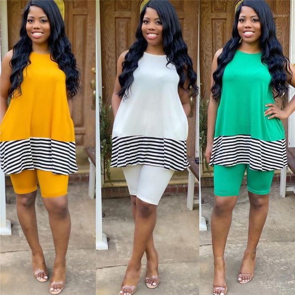 

sets womens loose casual tracksuits women 2pcs running suits sleeveless striped patchwork o-neck slim shorts, Gray