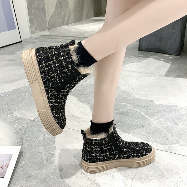 

2020 winter new zapatos mujer plus velvet boots women's ankle boots plush round head thick-soled canvas women's bootsots u15-13, Black