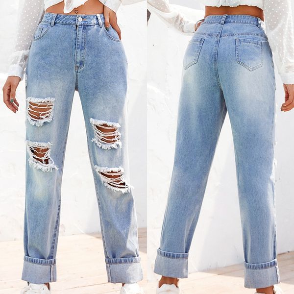 

wash bleaching female ripped jeans for women casual pencil pants mom jeans high waist denim skinny, Blue