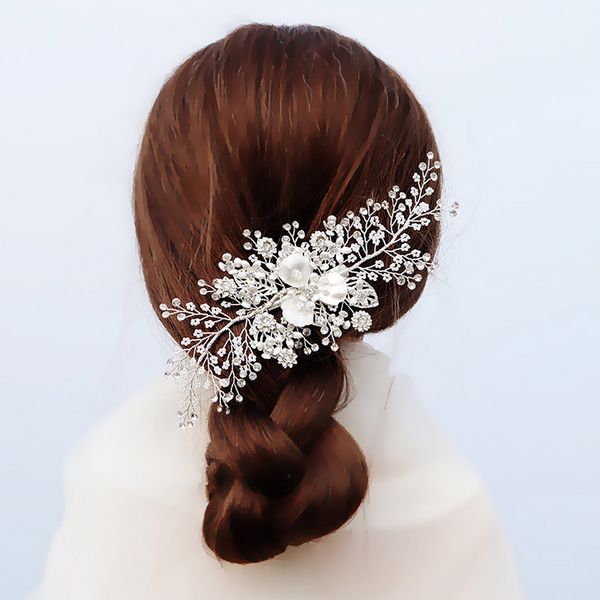 

forseven silver color flower leaf crystal pearls headband hairpins clips for women bride noiva wedding veil hair bands 2020, Golden;silver
