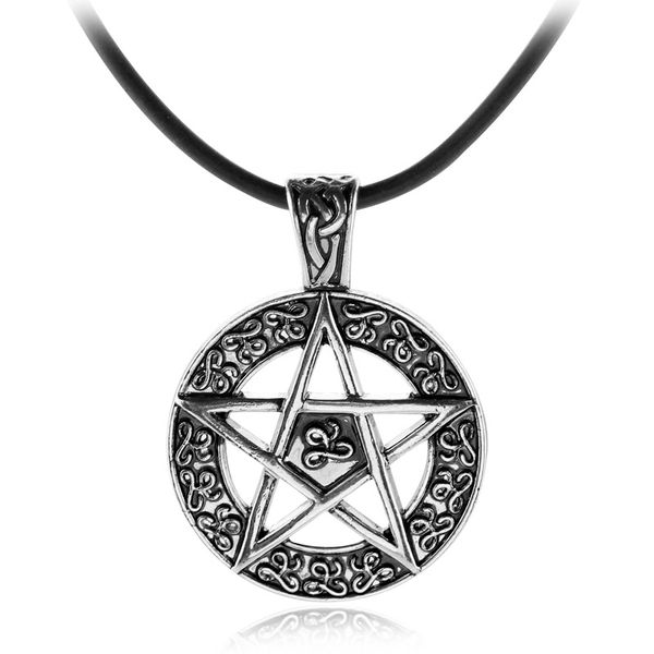 

drop shipping supernatural pentacle pentagram pendant men necklace witch protection star amulet necklace leather rope chain, Silver