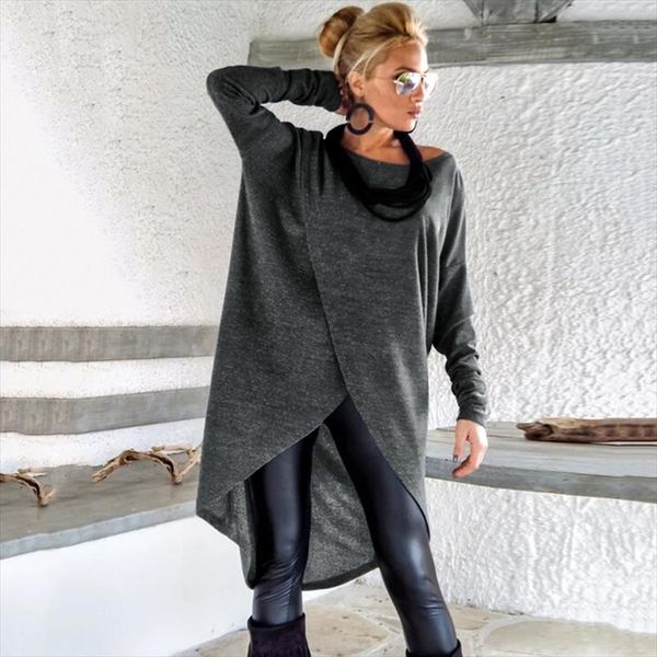 

fashion women asymmetric dress o neck long sleeve solid autumn spring midi dresses casual loose blouses vestidos mujer plus size, Black;gray