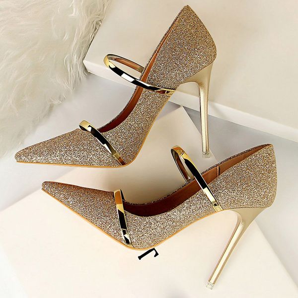 

2020 women fashion .5cm high heels glitter stripper pumps lady bling silver female footwear wedding gold bridal scarpins shoes, Black