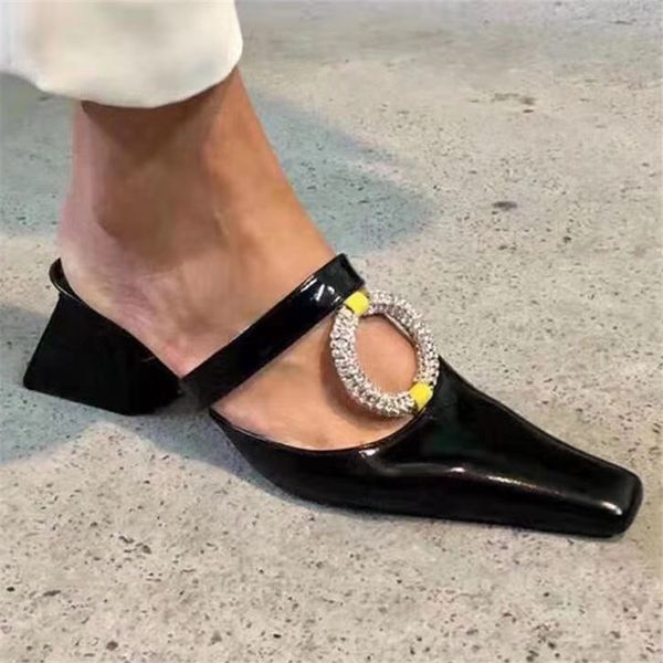 

circle rhinestone women slippers square toe high heels ladies mules summer gladiator sandals casual slides outdoor slipper, Black