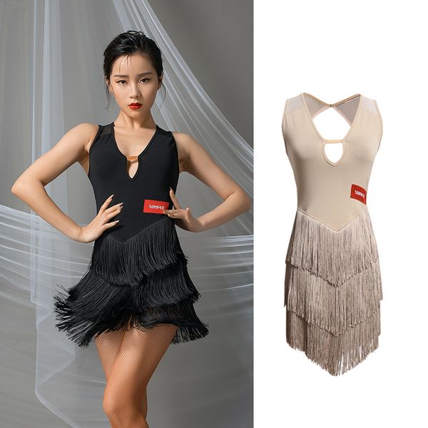 

latin dance dress women backless fringe practice clothes professional rumba tango samba salsa dance tassel costumes vo1075, Black;red