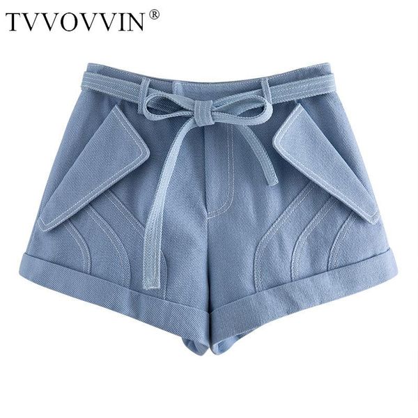 

tvvovvin 2020 summer new denim shorts casual wide leg loose solid bow bandage patchwork high waist streetwear womens a468, Blue