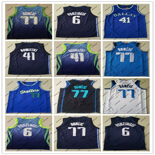 

men mavericks даллас 6 городских трикотажные изделия porzingis 77 doncic 41 новицкий high school дирк luka джерси баскетбол колледжа, Black