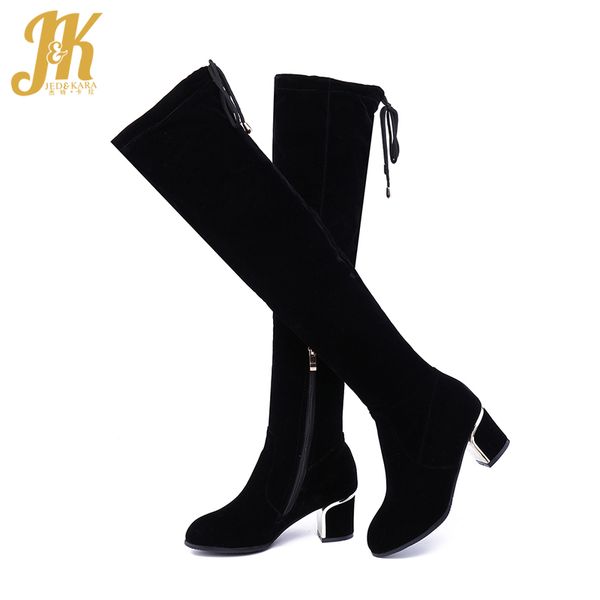 

jk над коленом boots женщины высокие каблуки металла загрузочный дамы круглый toe stretch flock обувь zip cross связали обувь женский зима 2, Black