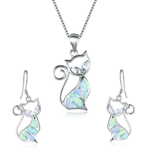 

10 set many colors opalite opal lovely fox pendant animal necklace earrings for women silver plated jewelry set