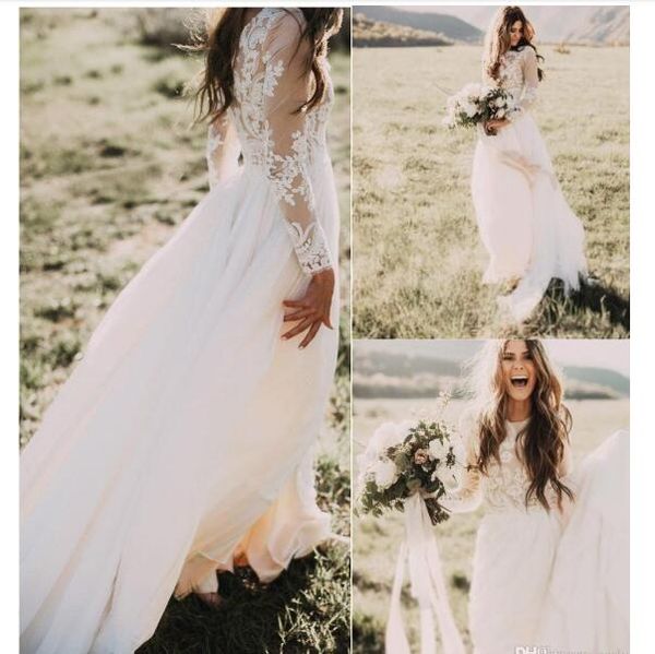 

2020 new bohemian country wedding dresses with sheer long sleeves bateau neck a line lace applique chiffon boho bridal gowns ba6589, White