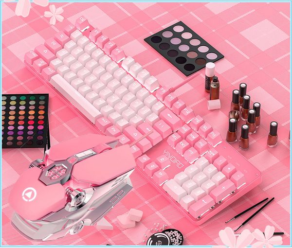 

keyboard mouse combos girls pink sets true shaft backlit punk keycap with green axis mechanical wired usb 3200dpi mute