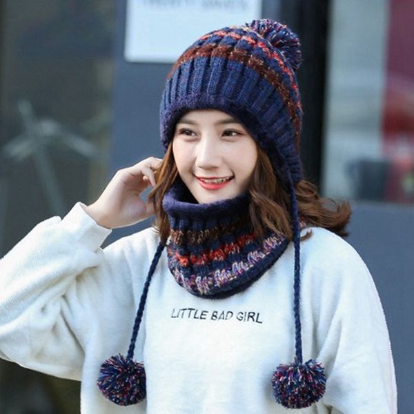 

winter woman hat scarf set plus velvet thick winter warm pompom hat for women solid color knitted ring scarf 2 pcs, Blue;gray