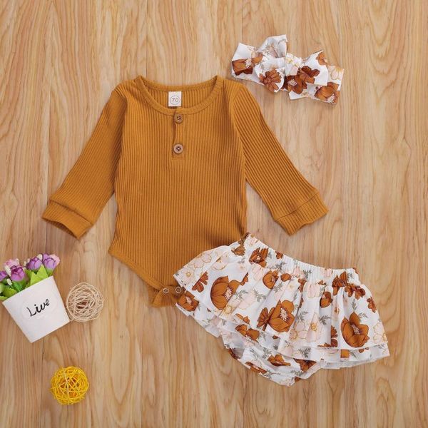 

2020 baby autumn clothing newborn baby girl clothes long sleeve ribbed-knit bodysuit ruffle tutu printed shorts 2pcs outfits set, White