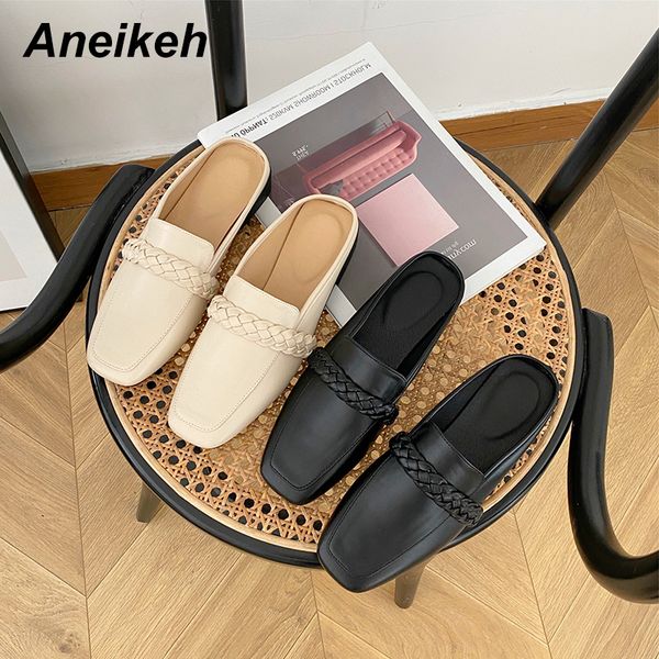 

aneikeh 2020 spring weave pu leather flats women round head fashion elegant casual ladies slingbacks shoes size 35-40 shallow, Black