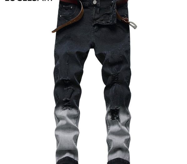 

mens destroyed hole jeans slim fit elastic jeans for men 2020 fashion hip hop designer black white skinny denim pants 42, Blue
