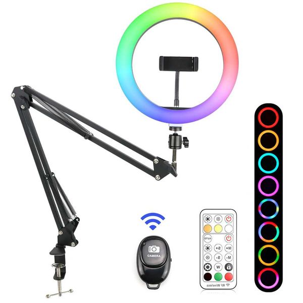 

flash heads 10inch/26cm rgb colorful led ring light with long arm holder stand ringlight remote control for vlog short video youtube