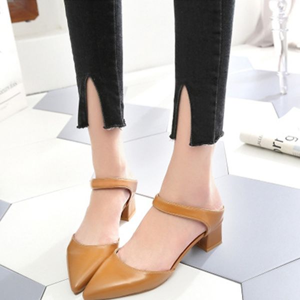 

new woman women elegant slippers shoes female pointed toe mules ladies summer square heels solid women's soft leather casual, Black