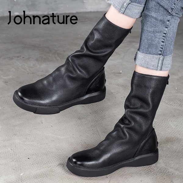 

johnature women boots 2020 new autumn winter genuine leather flat with sewing round toe zip women shoes handmade platform boots, Black