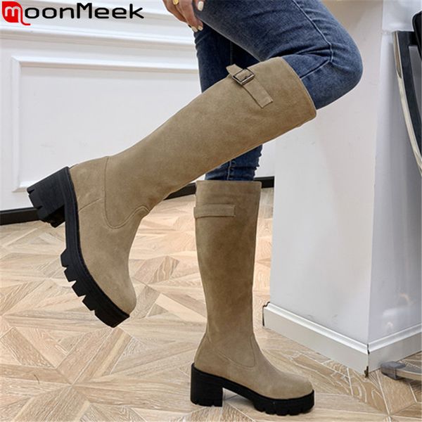 

moonmeek 2020 women boots thick high heels round toe ladies shoes winter solid color knee boots black