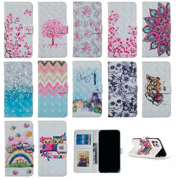 

3d leather wallet flower tiger skull owl butterfly card flip cover case for iphone 11 pro max xs max xr 6 7 8 samsung s10 plus s10e note10