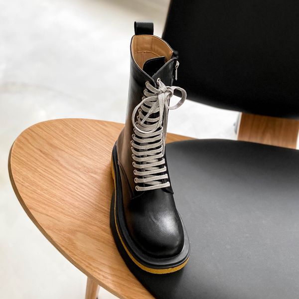 

deat 2020 new spring autumn fashion black lace-up thick bottom medium boots pu leather single shoes women se826
