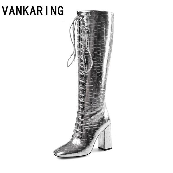 

patent leather rivets high heels boots knee high square toe street fashion cross-strap dress outfit boots autumn winter shoes, Black