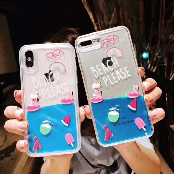 

cgjxssummer trendy flamingo fruits beach flowing phone case clear liquid cover for iphonexr xs xs max 8p 6s 7plus korea shell protection