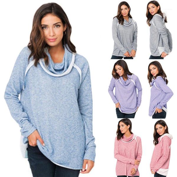 

clothing womens loose tshirt panelled designers fashion high collar long sleeve contrast color casual pullover womens, White
