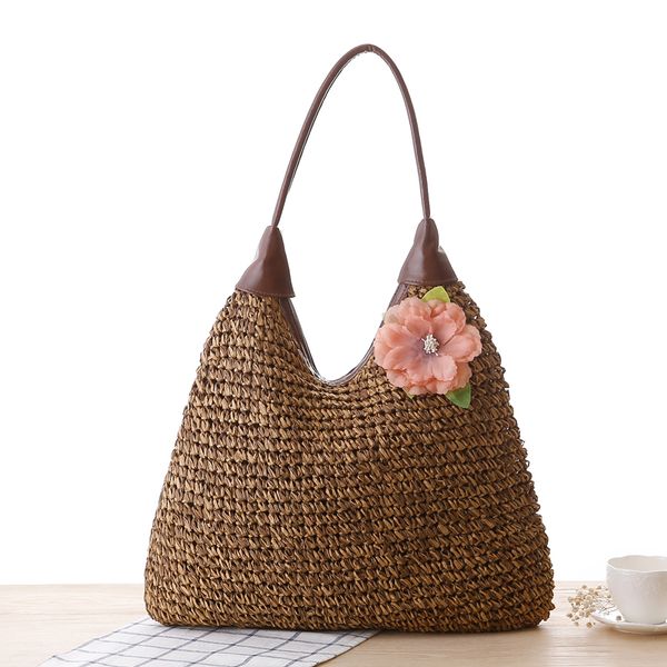 

bohemian flower women shoulder bags casual rattan straw bag large capacity wicker woven female handbags summer beach purse totes