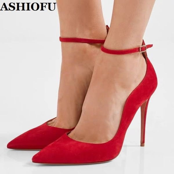 

ashiofu 2020 handmade simple style women's high heels pumps buckle strap faux-suede party prom shoes evening fashion court shoes, Black