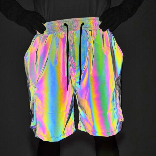 

mens fashion colorful reflective cargo shorts hip hop streetwear reflect light multi pocket casual male shorts, White;black