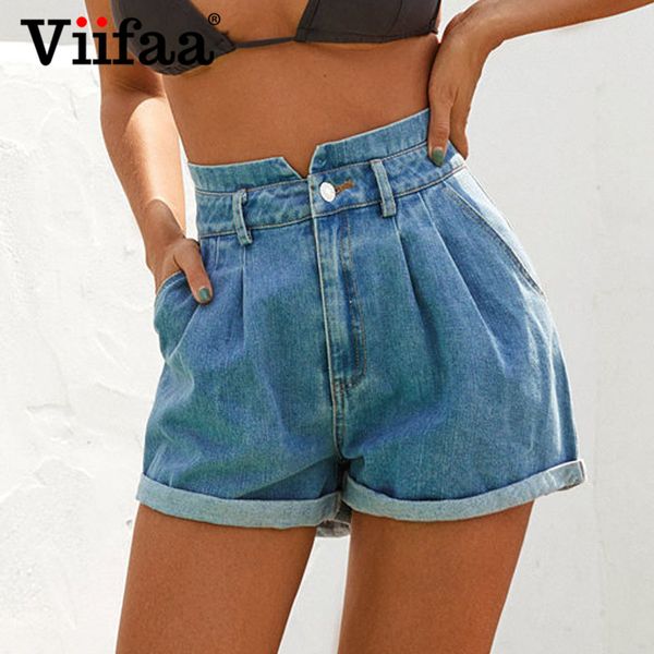 

viifaa notch high waist blue casual pleated denim shorts women summer 2020 vintage mini jeans shorts, White;black