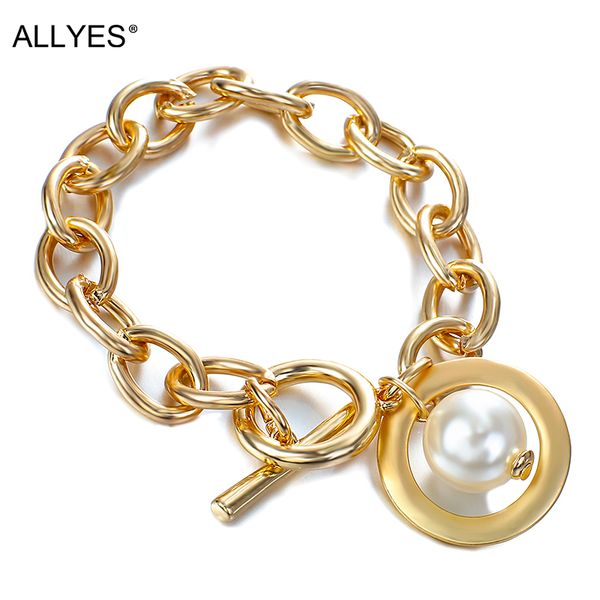 

allyes korean sweet gold color chain bracelet women wedding lover alloy tiny pearl charm bangle fashion jewelry, Golden;silver
